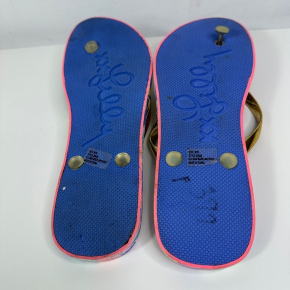 Lilly Pulitzer Flip Flops Women 9/10 Gold Straps w/Pink & Blue - Picture 13 of 14